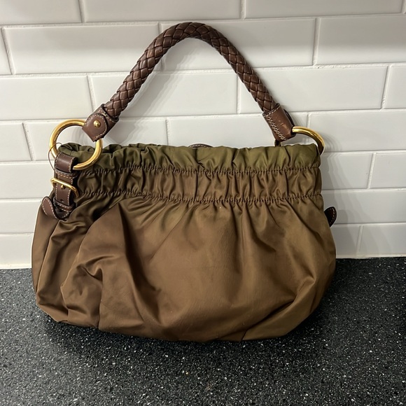 Vintage Prada Nylon Hobo Arm Bag | Olive Green Braided Handle Gold Hardware - Picture 3 of 10